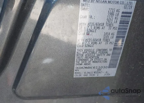 2019 Nissan Pathfinder Sv z USA, uszkodzony, nr VIN 5N1DR2MN8KC611030